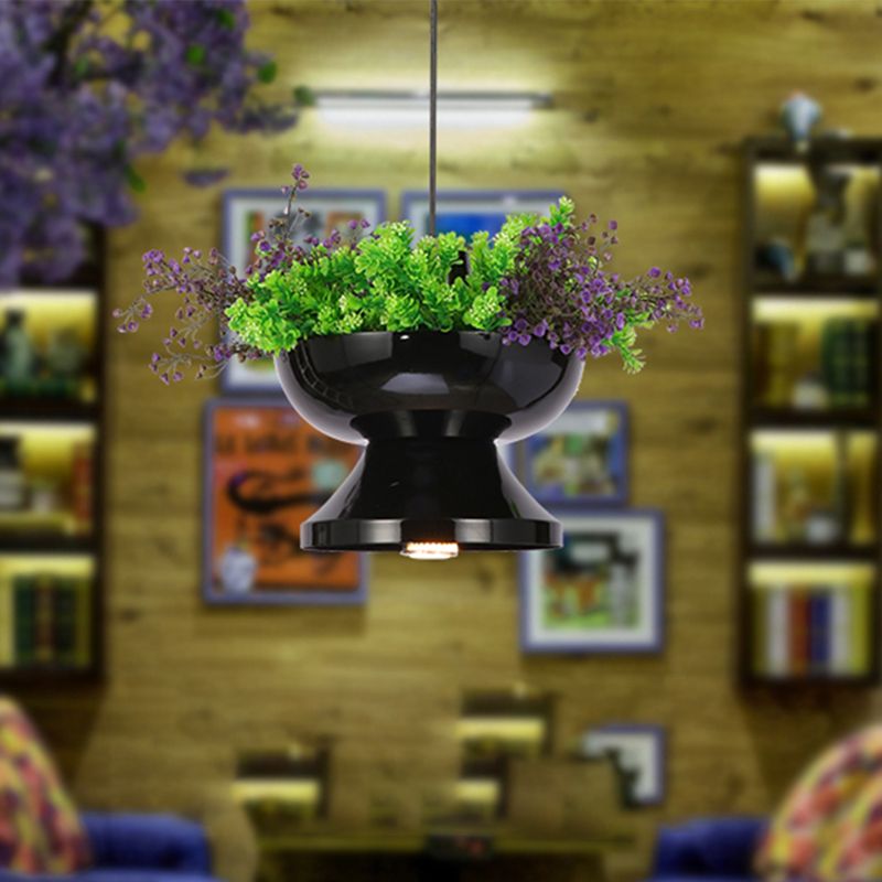 Lámpara colgante de metal de 1 cabeza de 1 cabezal con forma de restaurante con decoración de plantas de forma de maceta negro con decoración de plantas