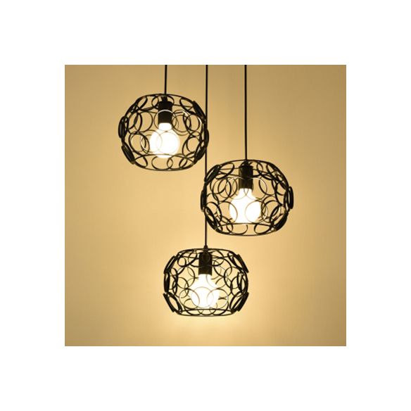 3 Bulbs Pendant Lamp Retro Drum Shade Metal Suspension Light with Wire Frame and Circles Design in Black