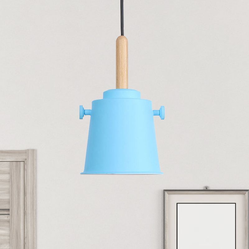 Modern Bucket Hanging Lamp with Adjustable Cord Single Light Metal Pendant Light in Wood