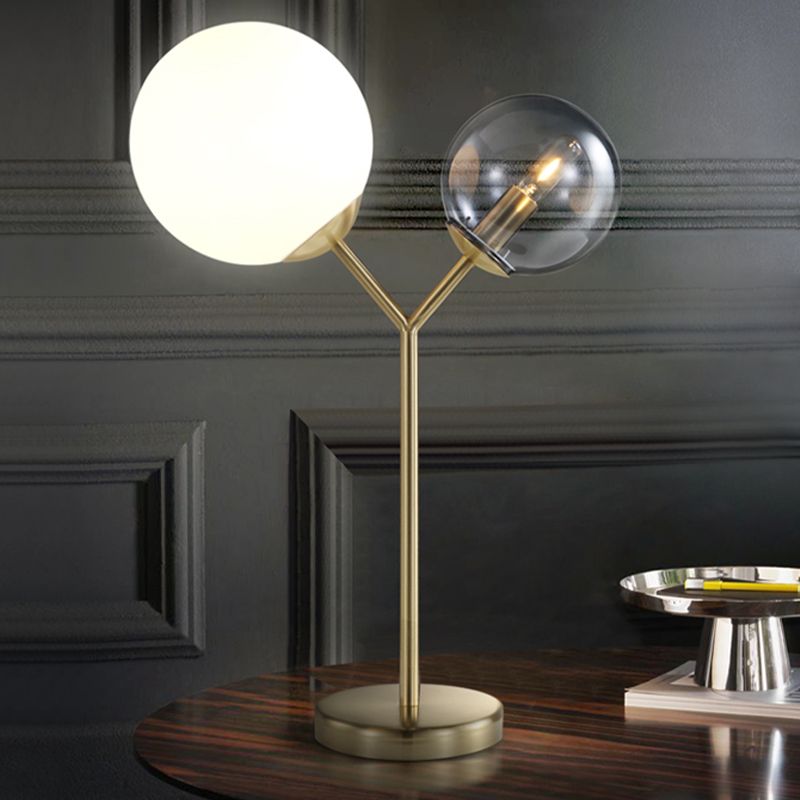 Globe Bedroom Table Lighting Grey and Cream Glass 2-Light Modern LED Branch Desk Lamp in Gold