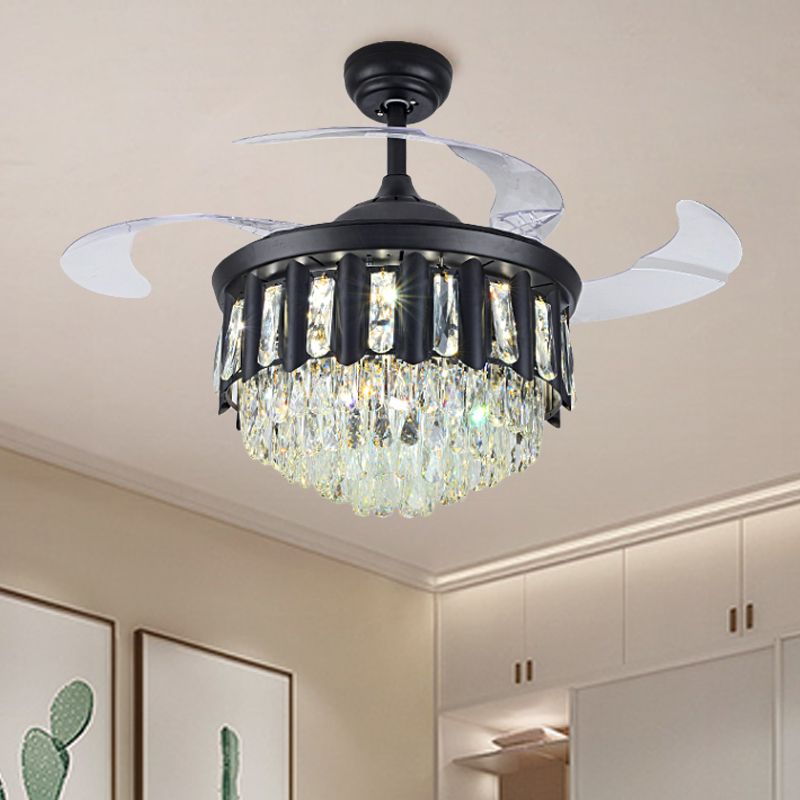 19" W Modern Tapered Semi Flush Mount Hand-Cut Crystal LED Parlor Pendant Fan Light in Black with 4 Blades