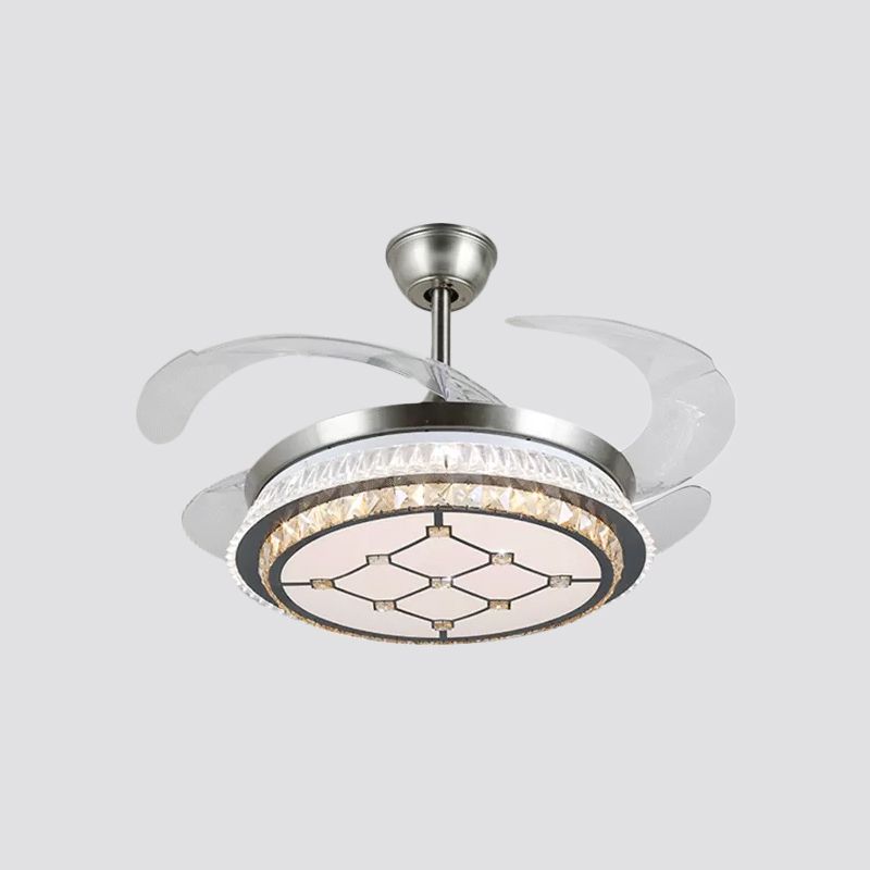 Silver Layered 4 Blades Semi-Flush Mount Modernism LED Crystal Pendant Fan Light Fixture, 19" Wide