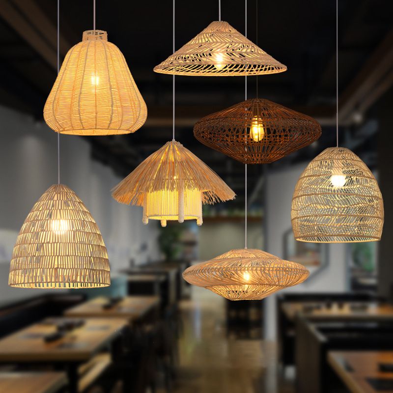 Handwoven Dome Pendant Light Fixture Chinese Rattan Fiber 1-Light Ceiling Light for Dining Table