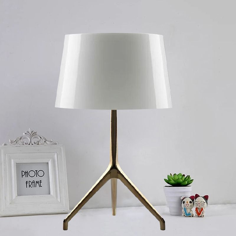 Simple Tripod Night Table Light Metal 1 Light Bedroom Nightstand Lamp in Gold with Barrel White/Black Fabric Shade