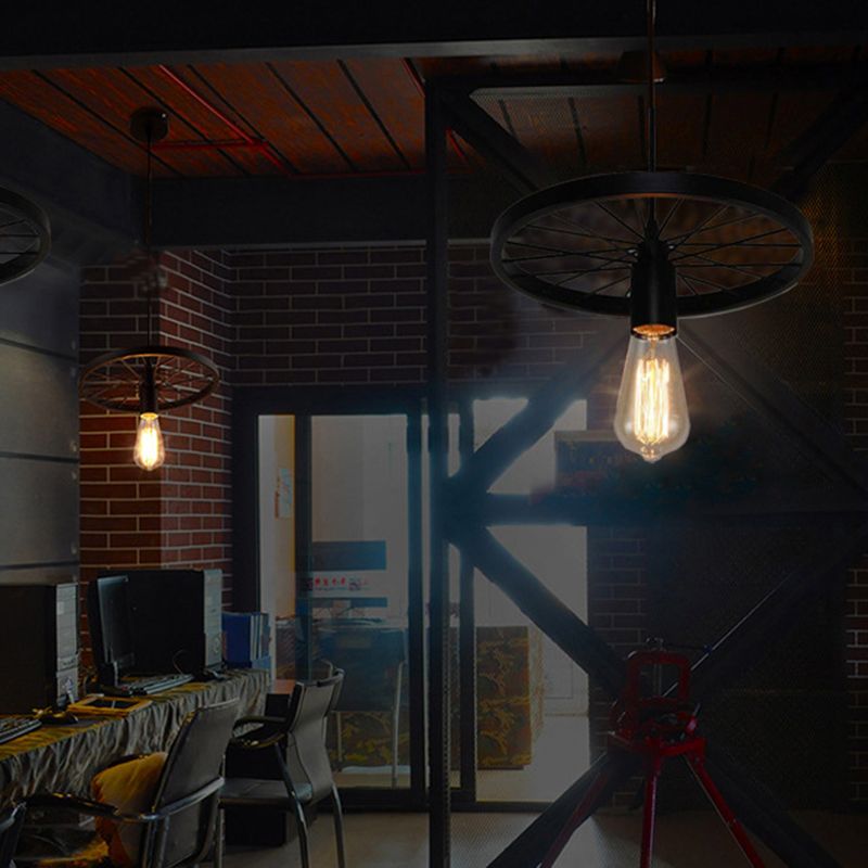 Metal Wagon Wheel Pendant Lamp Industrial Restaurant Hanging Light Fixture in Black