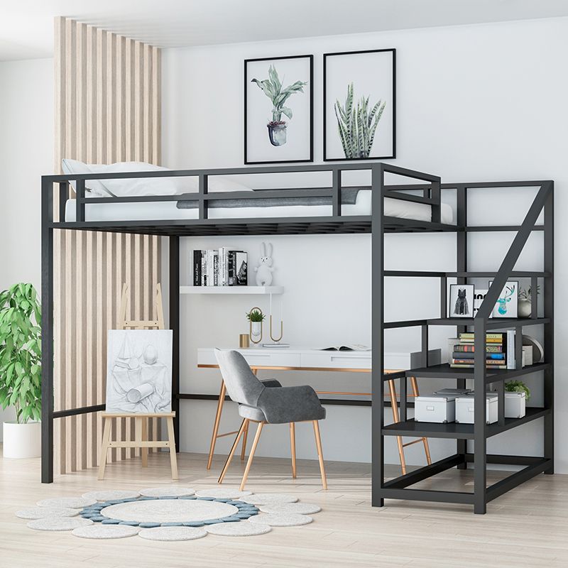 Contemporary Loft Bed with Staircase and Guardrail and Shelves