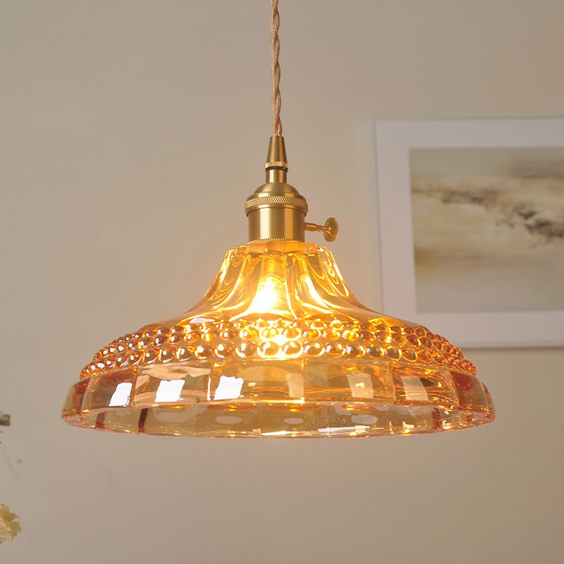 Amber Glass Pot Lid Hanging Light Simplicity 1 Bulb Restaurant Pendant Light Fixture