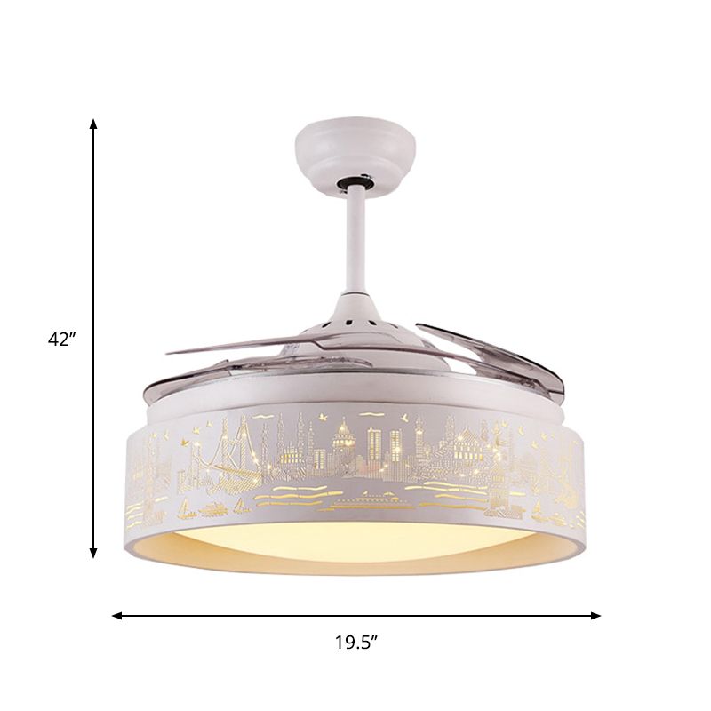 Round Hanging Fan Light Kids Metal Led White Semi Flush Mount met 3 heldere messen, 19,5 "breed