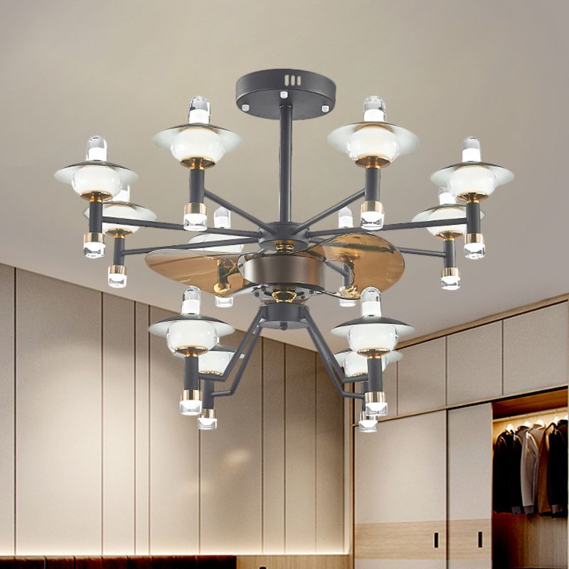 Radial Ceiling Fan Light Modernist Metallic 36.5" Wide 12 Bulbs Black-Gold Semi Flush Mount, 3 Brown Blades