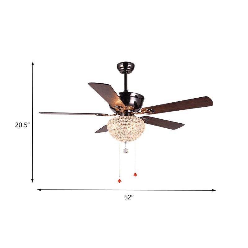 5 Blades Crystal Dome Semi Flushmount Vintage Dining Room LED Ceiling Fan Light in Dark Brown with Pull Chain, 52" Wide