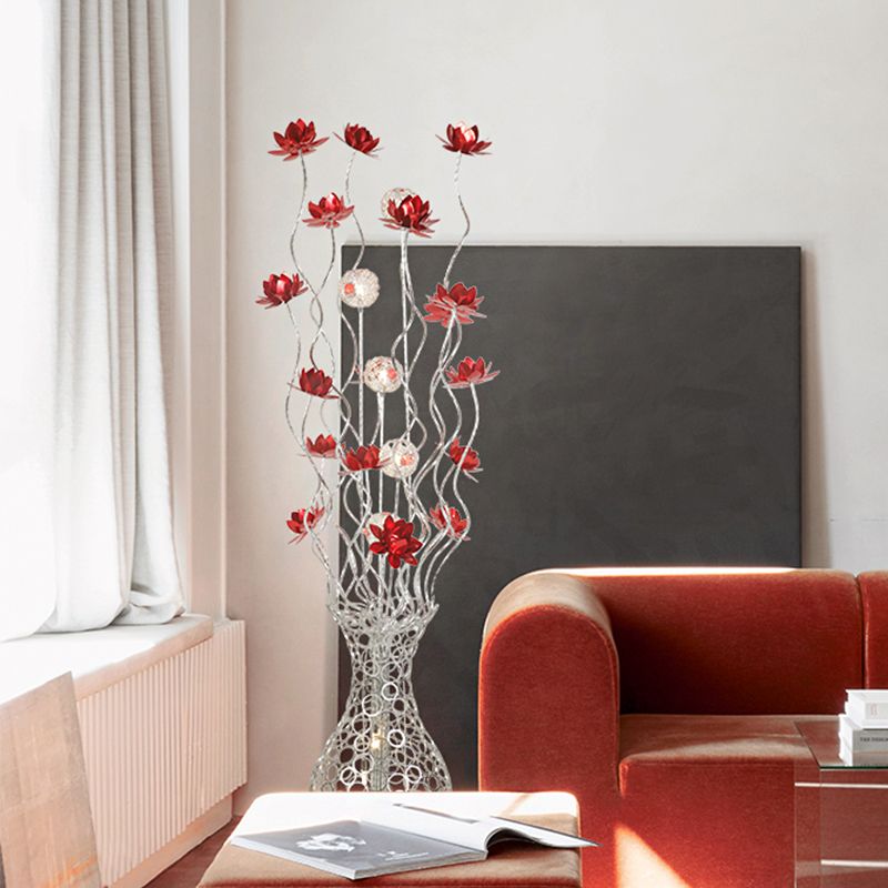 Vase Shape Aluminum Stand Up Light Decorative LED Bedroom Reading Floor Lamp with Blossom and Ball Design in Red/Purple