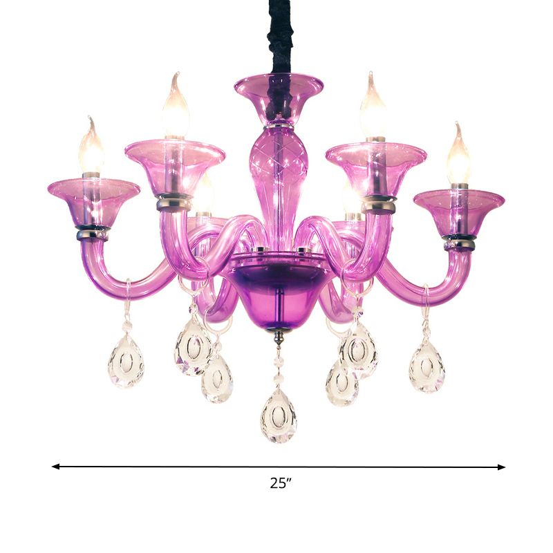 Modern Candlestick Hanging Chandelier Clear Crystal Glass 6 Bulbs Restaurant Pendant Ceiling Light in Purple