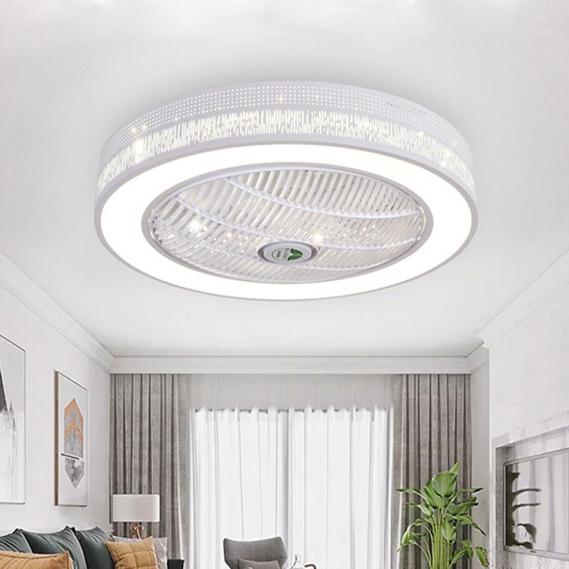 21.5" W White LED Hanging Fan Lighting Contemporary Metal Circle Semi Flush Ceiling Light for Living Room, 3 Blades