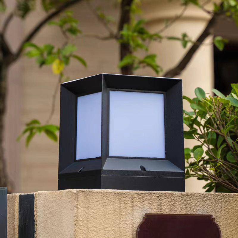 Rectangular Shape Metal Pillar Lamp Modern Style 1 Light Waterproof Outdoor Light in Black