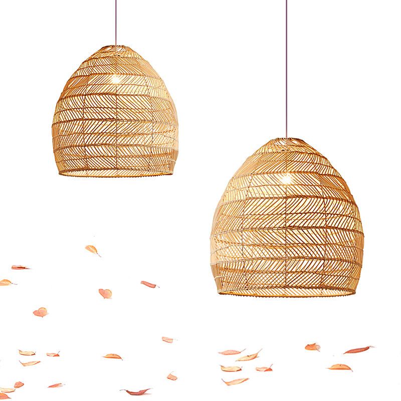 Soggiorno a ciondolo illuminazione cinese beige lampada sospesa con cupola allungata tonalità rattan