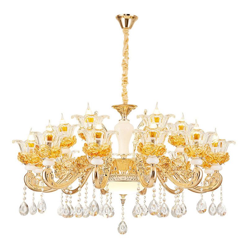 Living Room Chandelier Lamp Simple Gold Suspension Light Fixture with Floral Clear Glass Shade