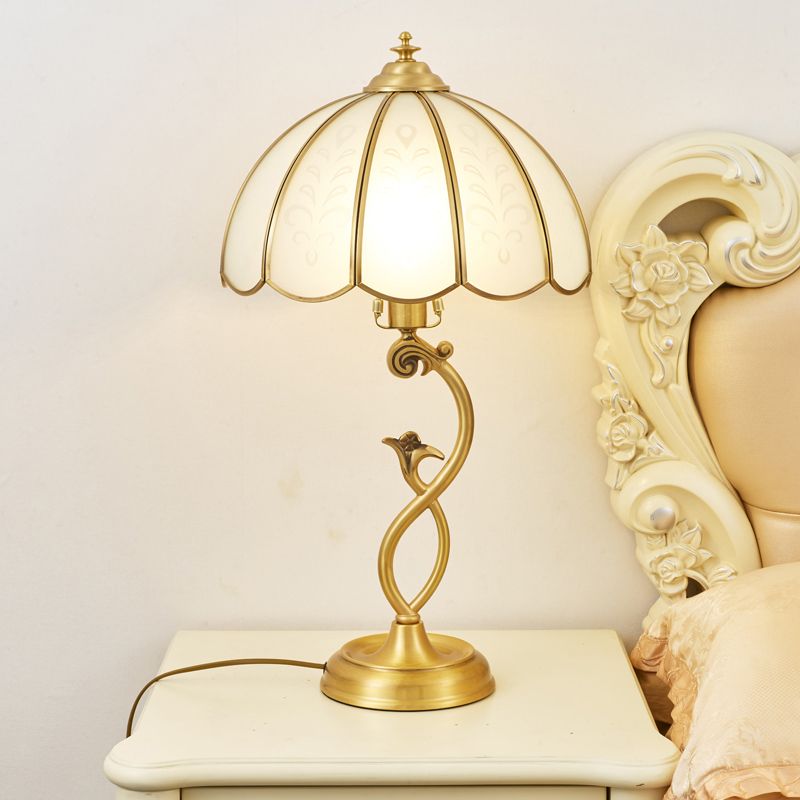 Single Umbrella Shaped Table Light Traditional Brass Cream Glass Nightstand Lamp