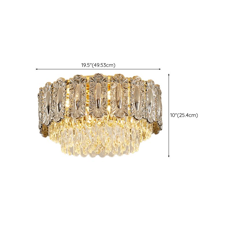 Iron and Crystal Drum Ceiling Flush in Gold Contemporary Flush Mount