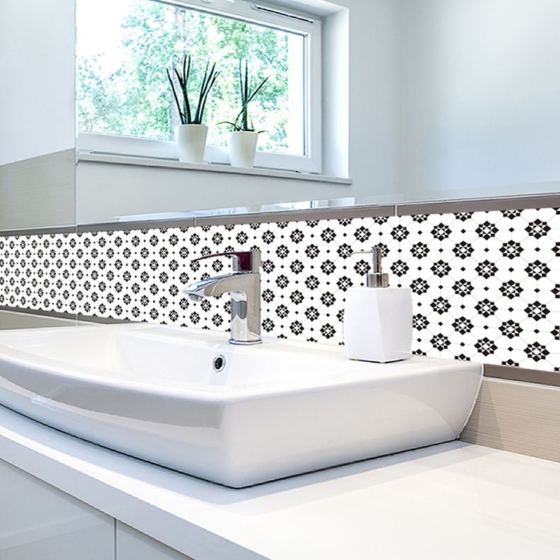 Modern Floral Mosaic Tile Wallpaper Panel PVC Peel and Paste Black-White Wall Art for Washroom