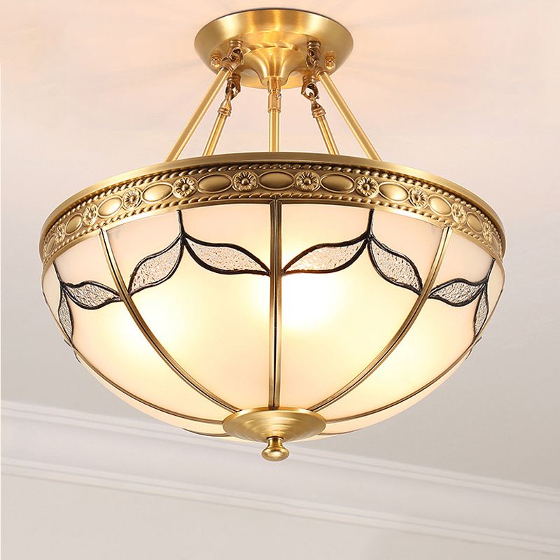 14"/16" W Dome Ceiling Light 3/4 Bulb Opal Glass Leaf Motif Semi Recessed Brass Lighting