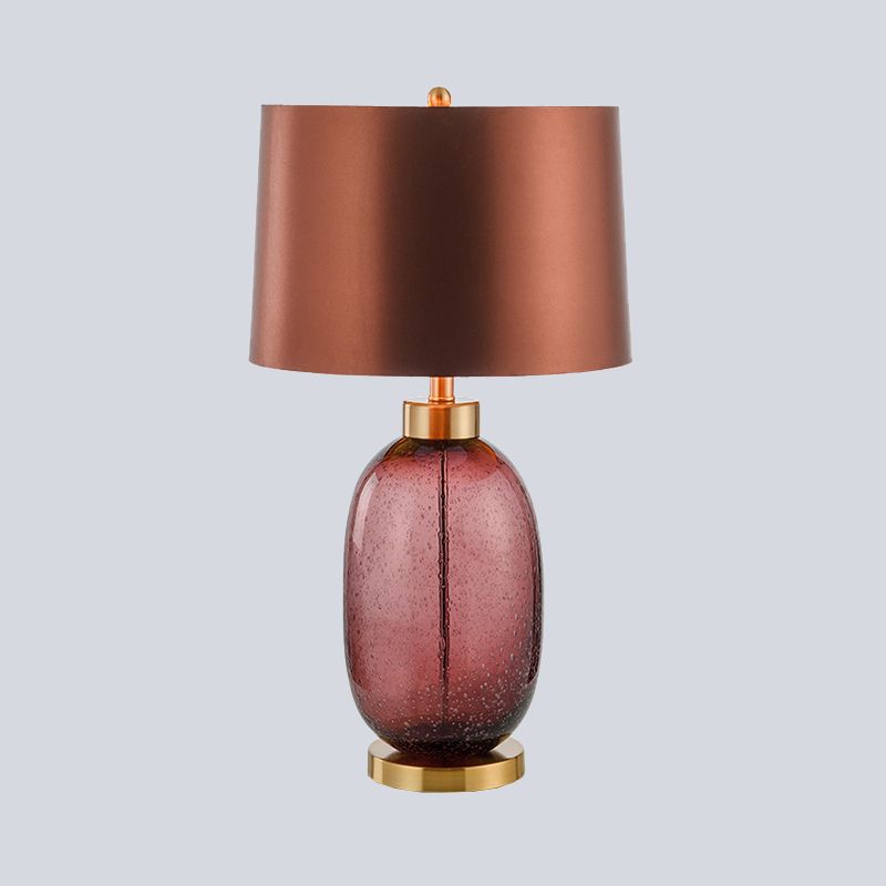 Barrel Shape Desk Light Contemporary Fabric 1 Bulb Night Table Lamp in Brown with Oblong Glazed Crystal Base