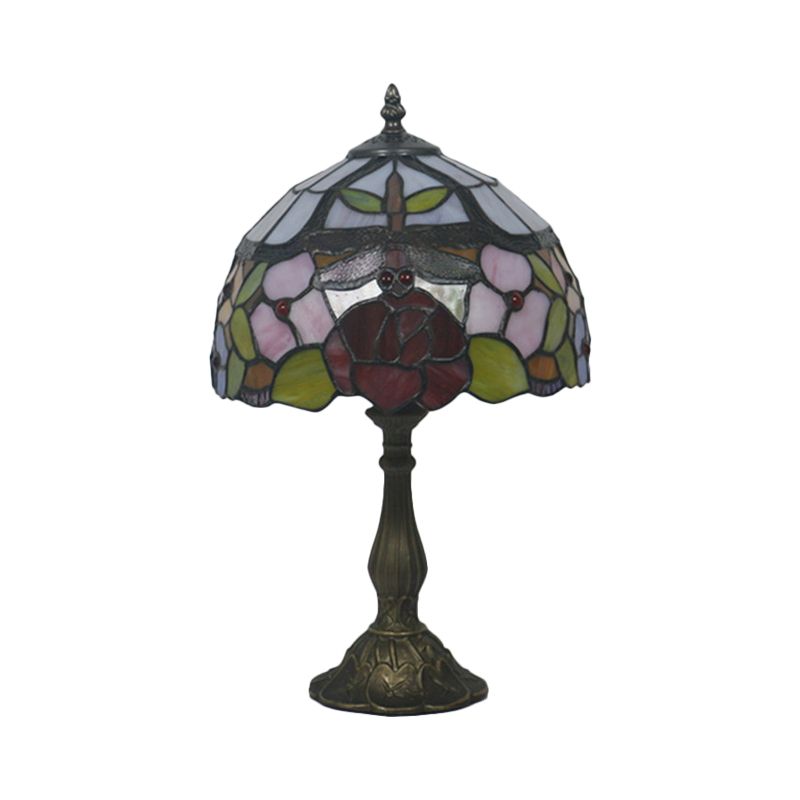 Bronze Domed Task Lighting Mediterranean 1 Light Stained Art Glass Table Lamp with Rose and Dragonfly Pattern