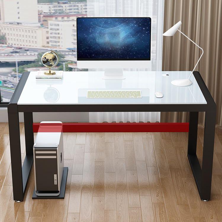 Contemporary Glass-Top Office Desk Antique Finish Computer Desk with Metal Legs