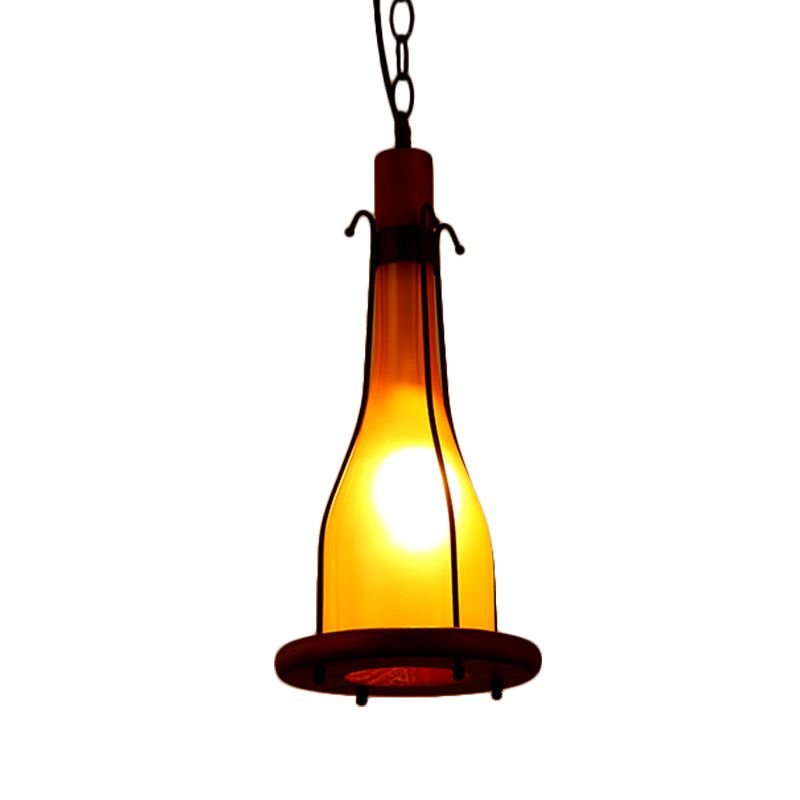 Brown 1 Head Ceiling Pendant Warehouse Yellow Glass Bottle Hanging Light Kit with Wood Tray Design