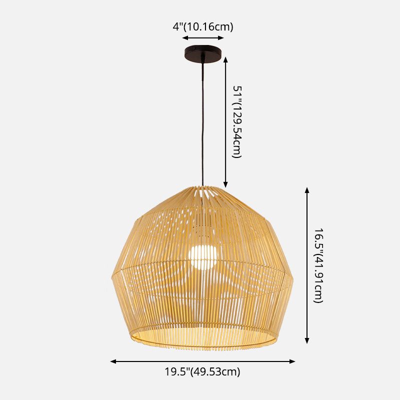 Round Pendant Lighting Fixture Asian Style 1-Bulb Wood Suspension Light for Balcony