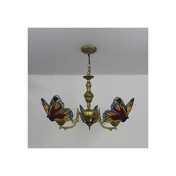 3 Lights Butterfly Hanging Light Loft Style Stained Glass Ceiling Chandelier with Chain in White/Red/Blue/Orange-Green