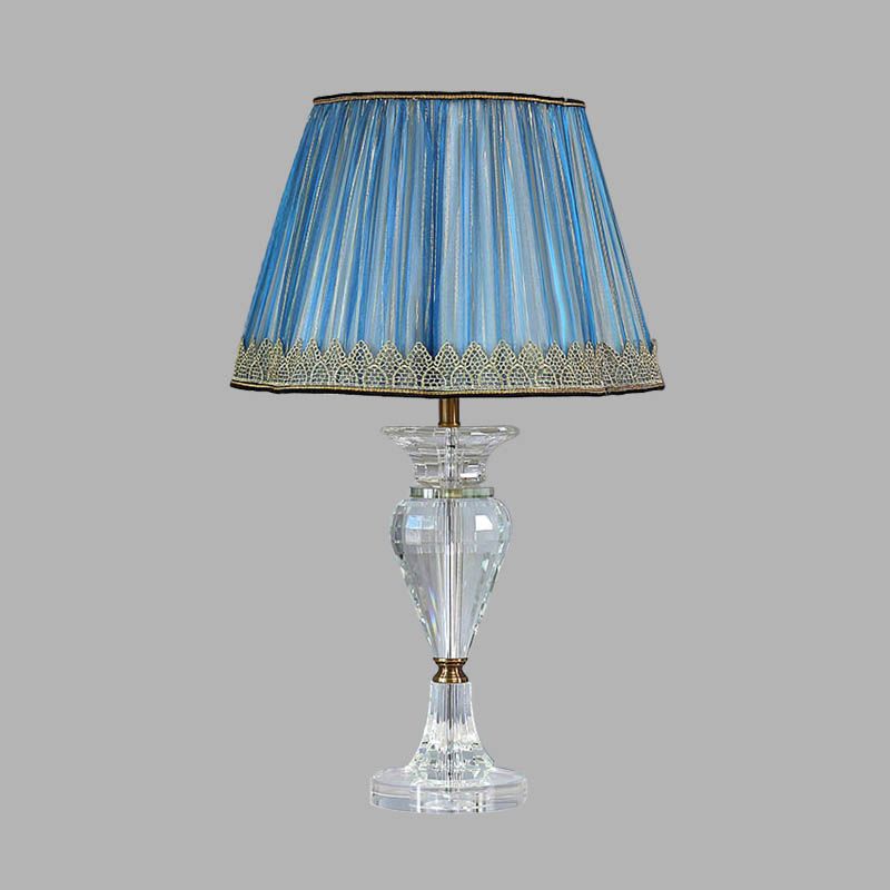 1 Light Barrel Night Table Lamp Traditional Blue Fabric Nightstand Light with Crystal Base