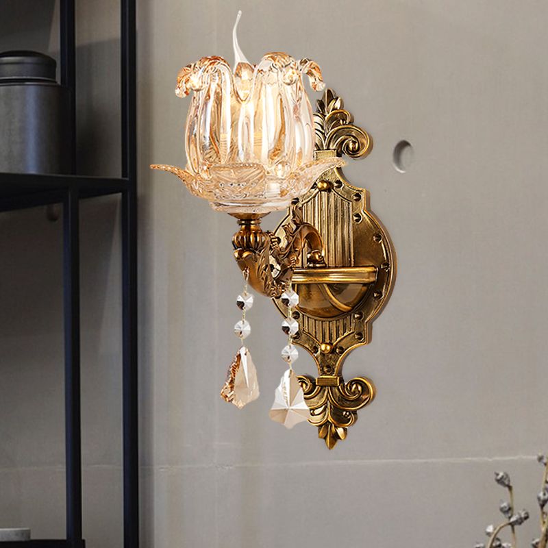 Antiqued Brass 1/2-Light Sconce Light Traditional Crystal Flower Wall Mount Lamp for Hall