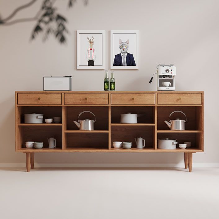 Contemporary Pine Wood Sideboard with Cabinets and Drawers Brown Dining Buffet for Home