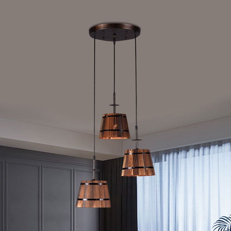 3-Bulb Bucket Pendant Light Rustic Stylish Wooden Hanging Lamp in Brown for Villa