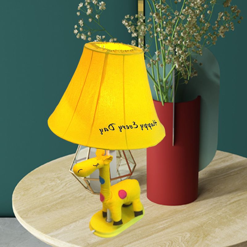 Flared Script-Print Fabric Table Lighting Kids Single-Bulb Yellow/Blue/Pink Night Lamp with Giraffe Base