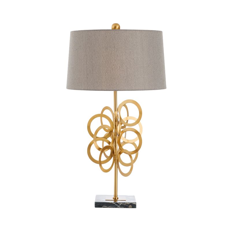 Post-Modern Barrel Nightstand Lamp Metal 1 Head Bedroom Fabric Night Table Lighting in Grey