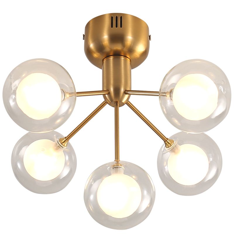 Clear and Frosted Glass Molecule Ceiling Fixture Minimalistic 5-Head Semi Flush Mount Light for Corridor