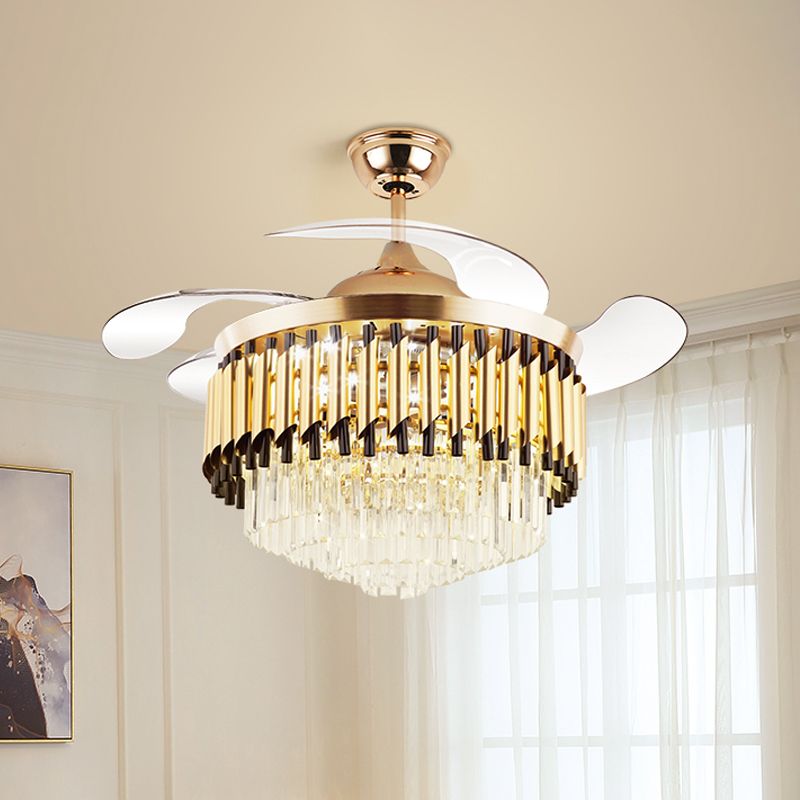 Layered Crystal Black/Gold Ceiling Fan Tapered Drum 3-Blade Postmodern LED Semi Flush Light, 42.5" Width