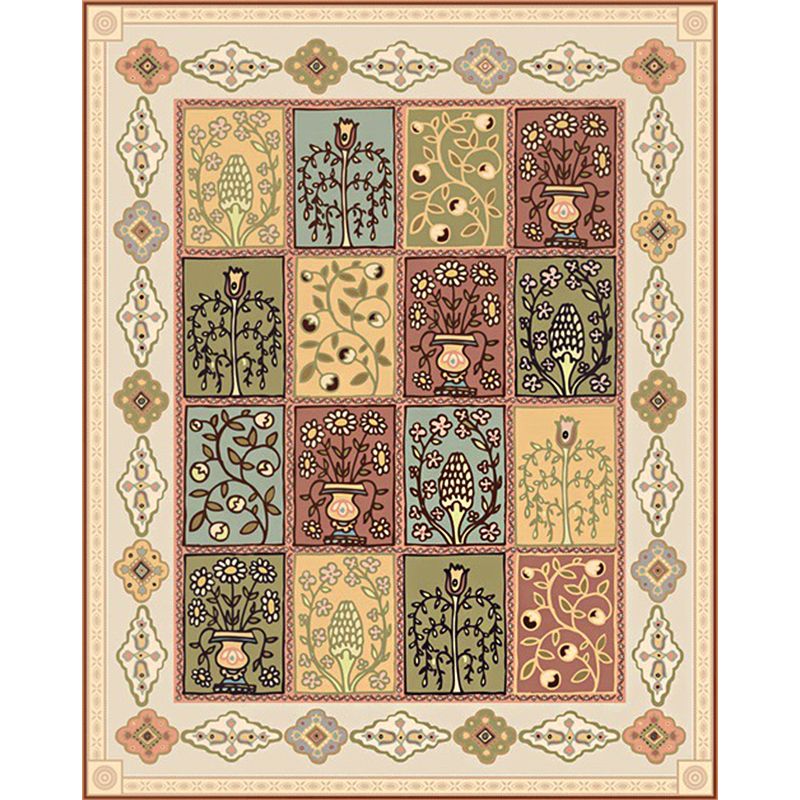 Persian Checked Print Rug with Floral Beige Polyester Rug Machine Washable Non-Slip Area Rug for Living Room