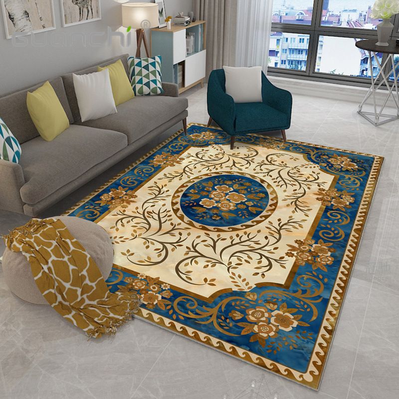 Moroccan Style Bedroom Rug Multi Color Flower Print Carpet Polyester Washable Pet Friendly Anti-Slip Backing Rug