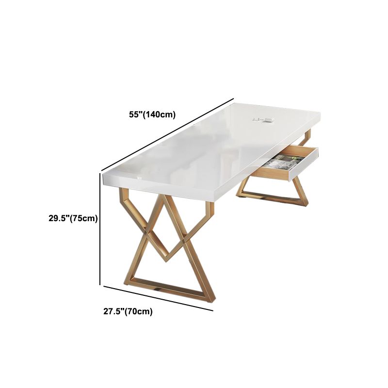 Trestle Glam Office Desk Rectangular White and Gold Writing Desk for Bedroom