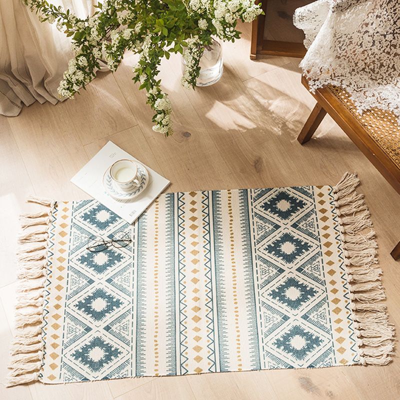 Multi Color Retro Rug Cotton Blend Tribal Totem Indoor Rug Handmade Pet Friendly Carpet with Fringe for Home Decor