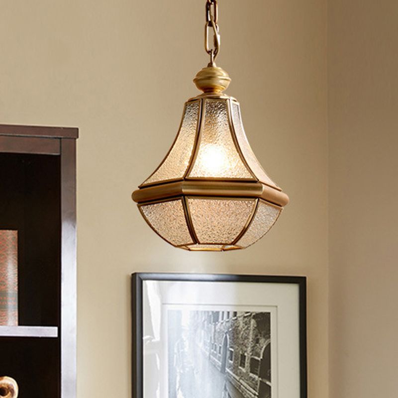 Natural Brass 1-Light Pendant Light Colonial Seedy Glass Pear Hanging Ceiling Lamp