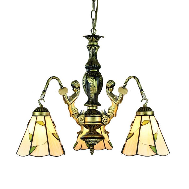 Beige 3 Lights Chandelier Light Fixture Tiffany Cut Glass Mermaid Pendant Lamp for Dining Room