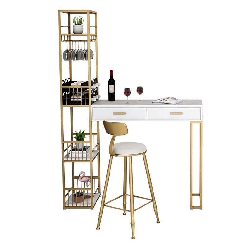 2-Drawer Modern Steel Bistro Table White Stone Top Indoor Bar Dining Table with Wine Rack