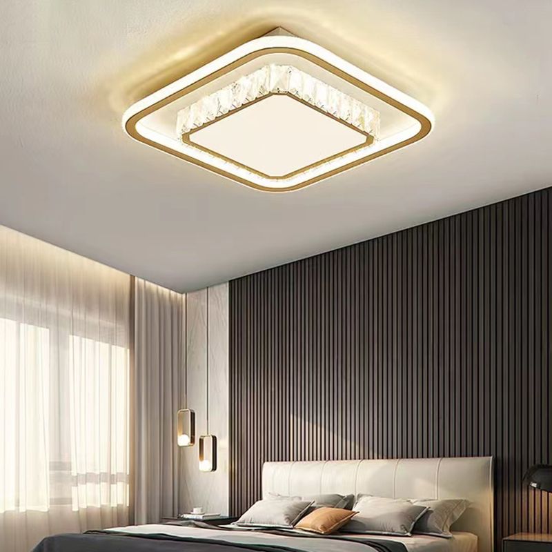 LED Modern Crystal Flush Mount Geometric Shape Ceiling Lamp with Acrylic Shade for Bedroom