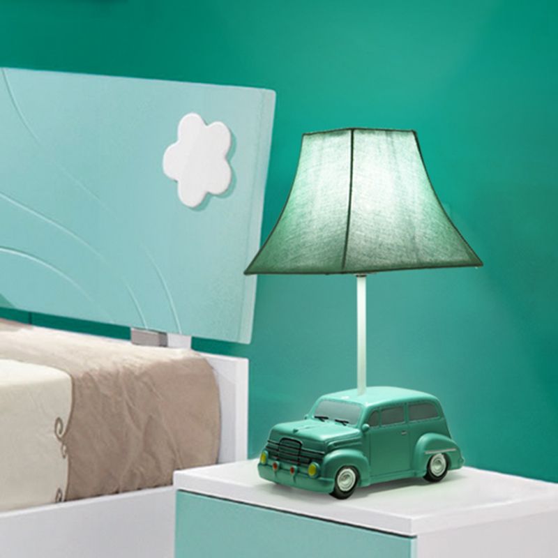 1-Head Nursery Nightstand Light Cartoon Blue Desk Lamp with Bell Fabric Shade and Car Resin Base