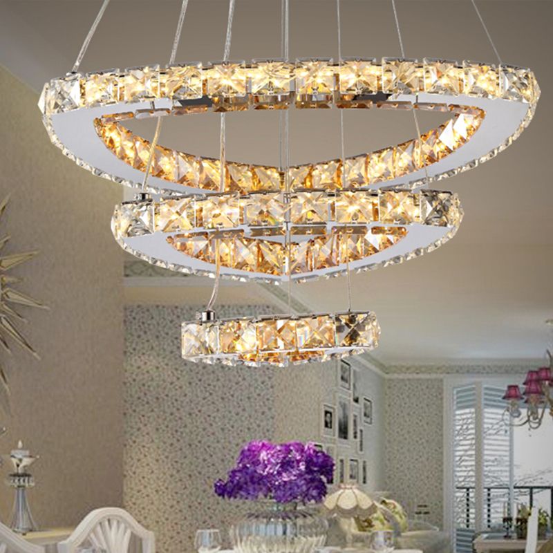 3-Tier LED Chandelier Light Fixture Contemporary Crystal Chrome Drop Pendant in Third Gear for Restaurant