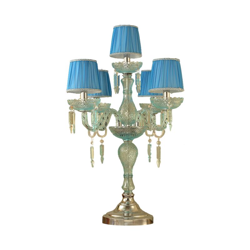 Crystal Blue Nightstand Lamp Candlestick 5/6/7 Bulbs Traditional Sleeping Room Table Light with Barrel Fabric Shade