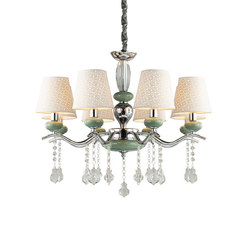 Nordic Cone Pendant Lamp Fabric 8 Lights Chandelier Light Fixture with Clear Crystal Drop in Green for Bedroom